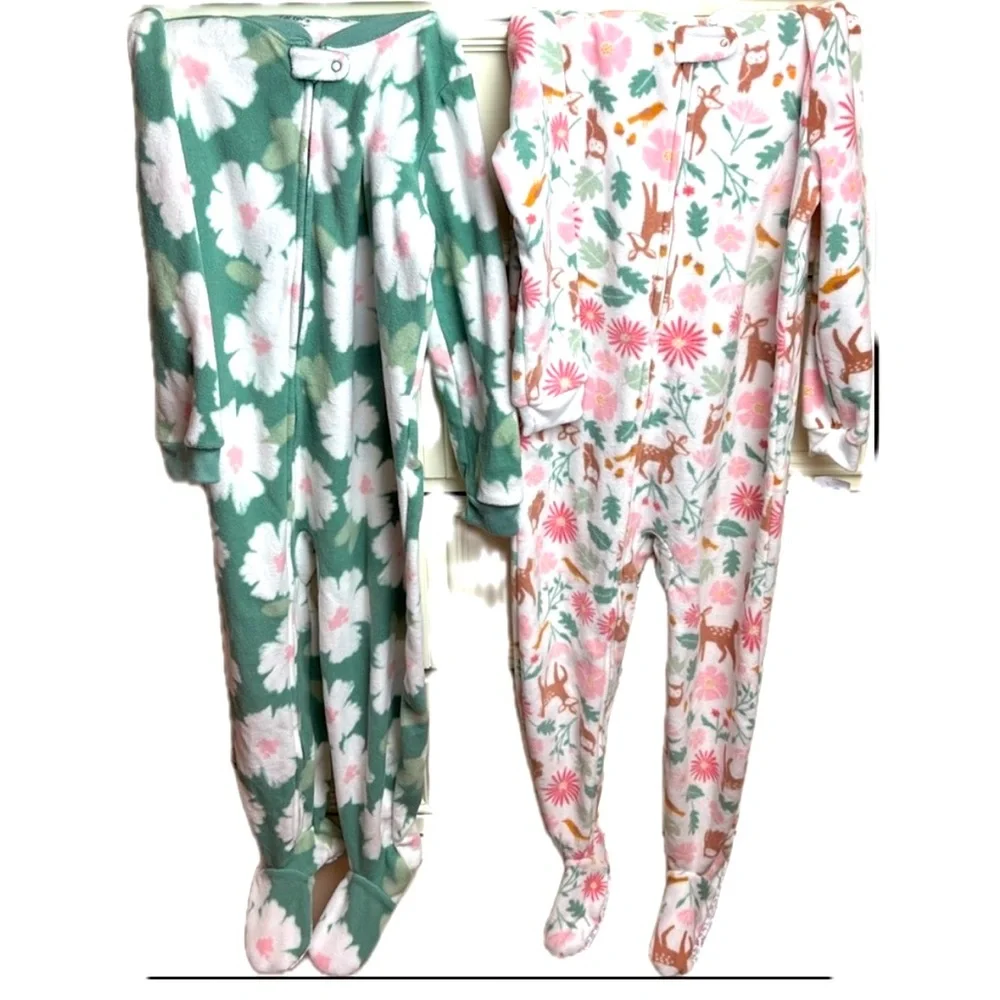 Set of 2 Carter's Fleece Green Pink and Pink White Floral Footie One Pie…